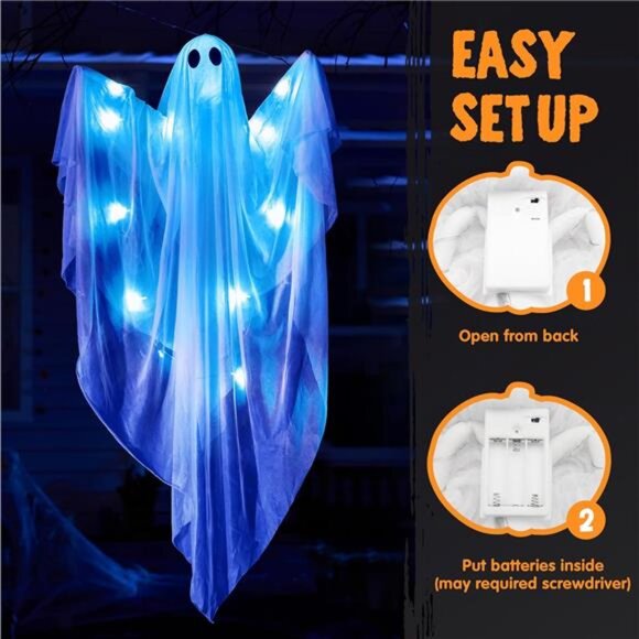 Halloween Hanging Light up Ghost with Spooky Blue LED Light, 47” White Ghosts - Picture 4 of 8